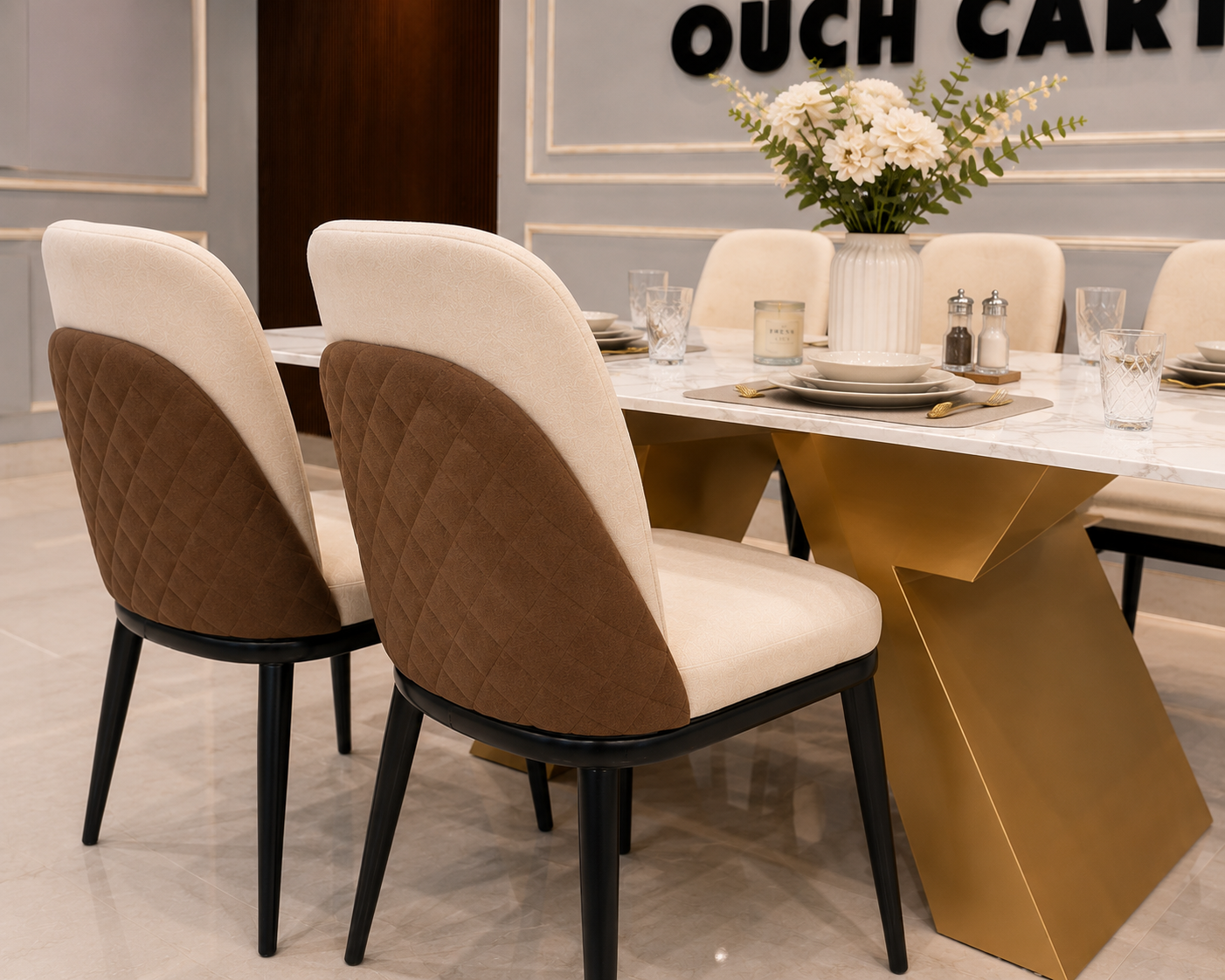 Modern 6 Seater Marble Dining Table Set with Gold Metal Base & Upholstered Chairs | Luxury Dining Room Furniture OUCH CART