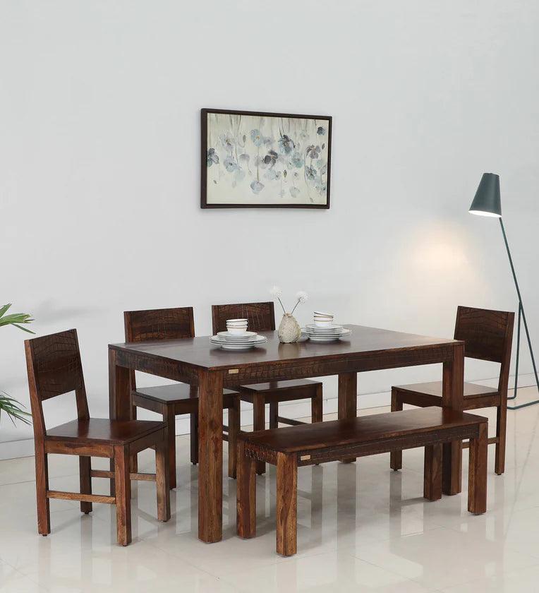 Sheesham Wood 6 Seater Dining Set in Scratch Resistant Provincial Teak Finish With Bench - Ouch Cart