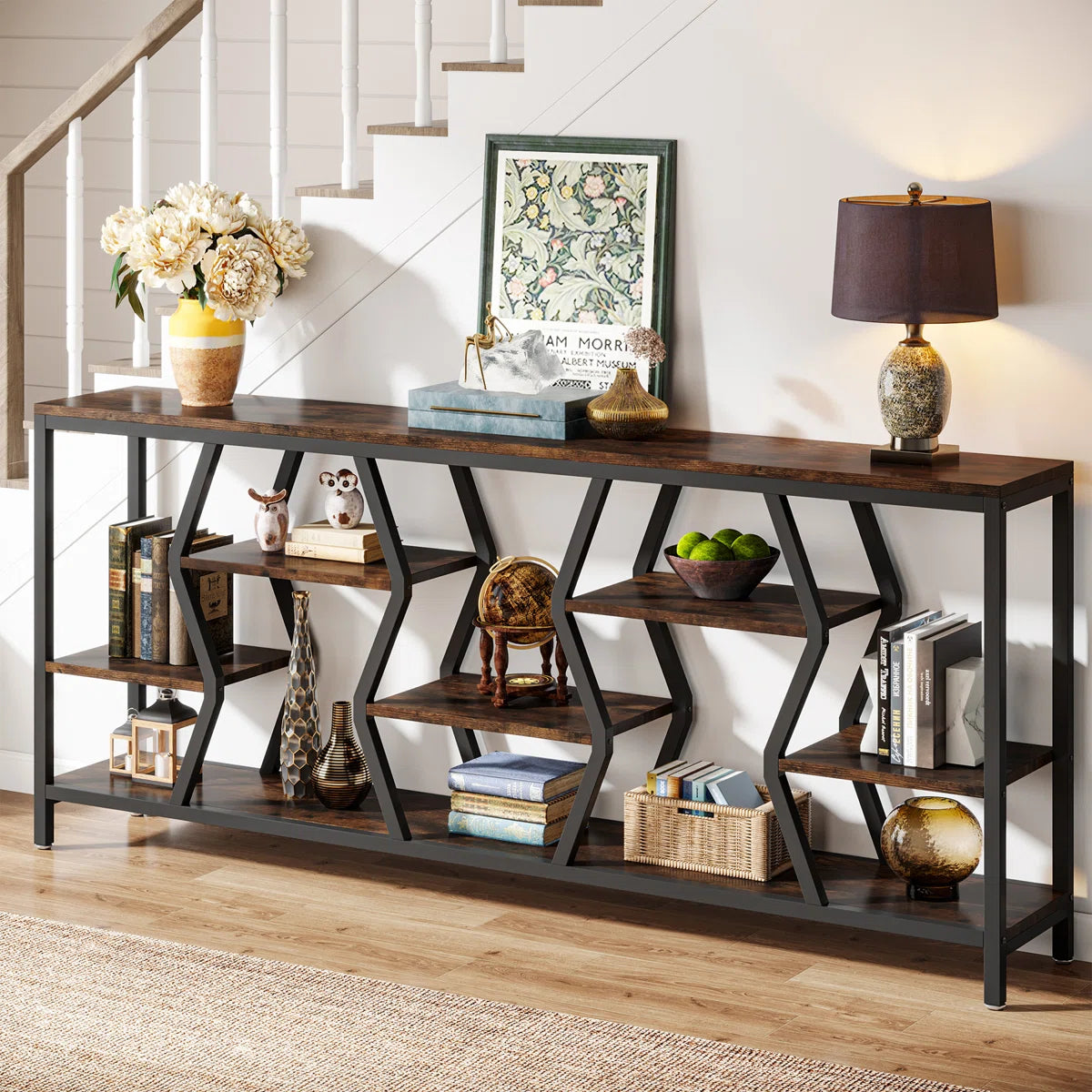 Extra Long Sofa Table, Rustic Console Table with 4 Tier Storage Shelves For Living Room OUCH CART
