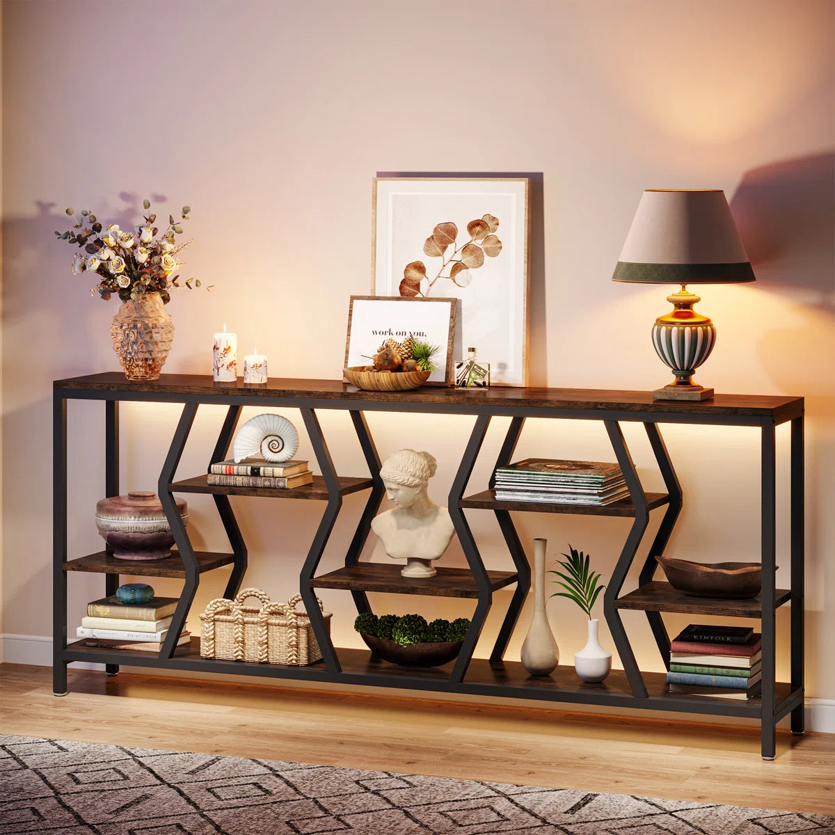 Extra Long Sofa Table, Rustic Console Table with 4 Tier Storage Shelves For Living Room OUCH CART
