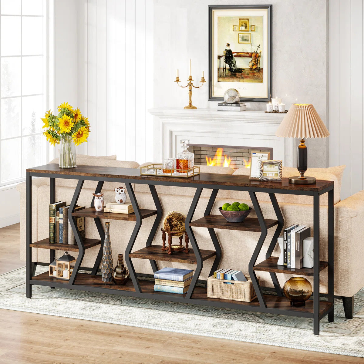 Extra Long Sofa Table, Rustic Console Table with 4 Tier Storage Shelves For Living Room OUCH CART