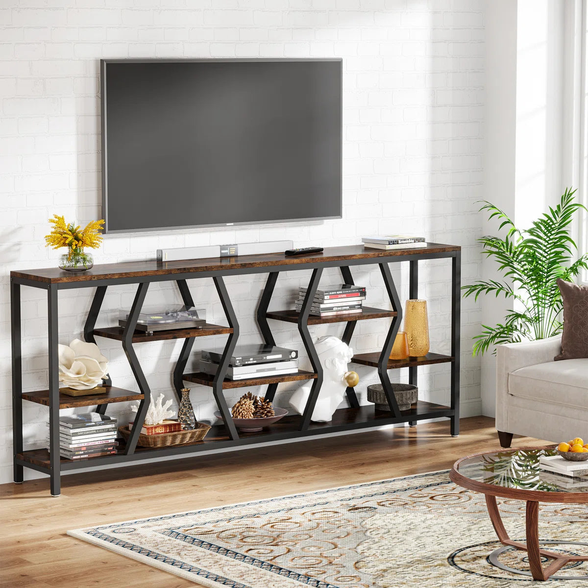 Extra Long Sofa Table, Rustic Console Table with 4 Tier Storage Shelves For Living Room OUCH CART
