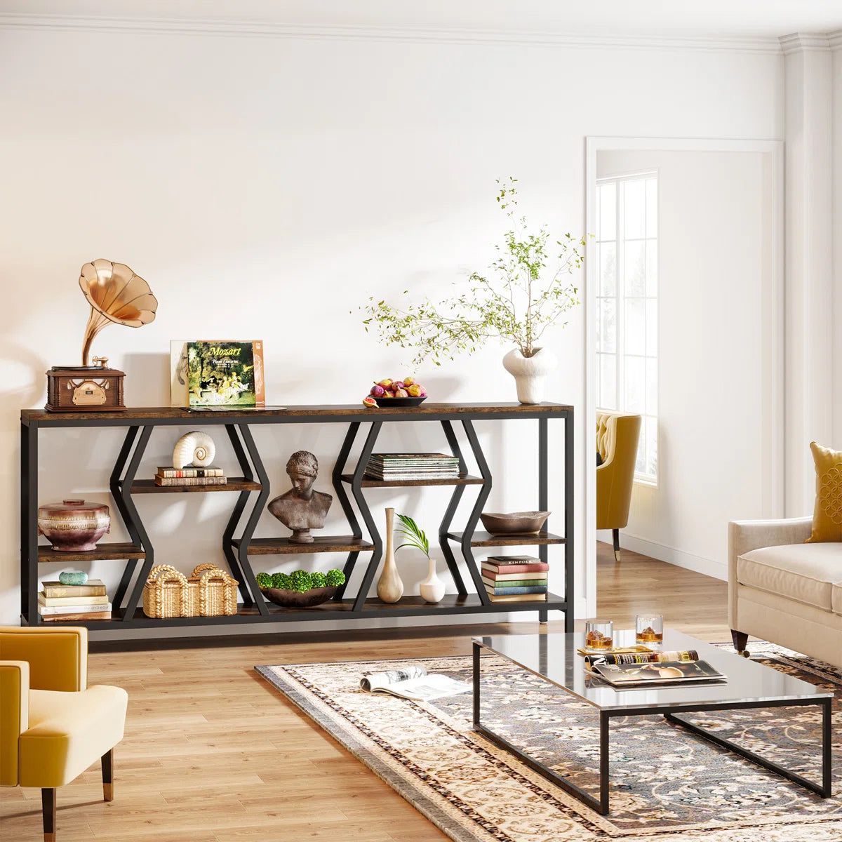 Extra Long Sofa Table, Rustic Console Table with 4 Tier Storage Shelves For Living Room OUCH CART