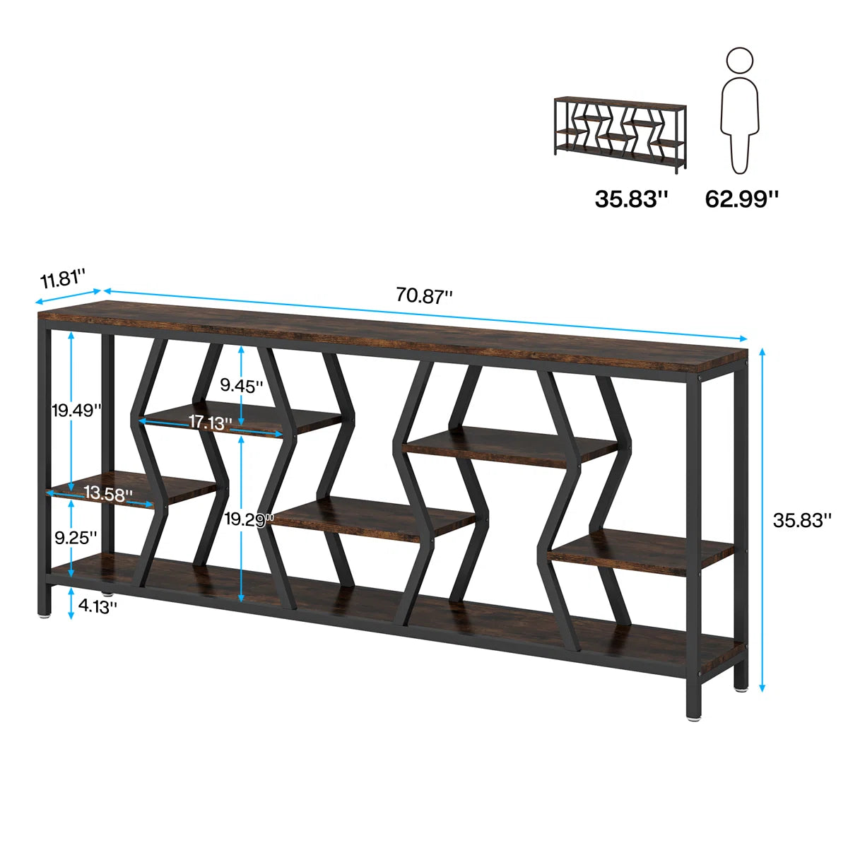 Extra Long Sofa Table, Rustic Console Table with 4 Tier Storage Shelves For Living Room OUCH CART