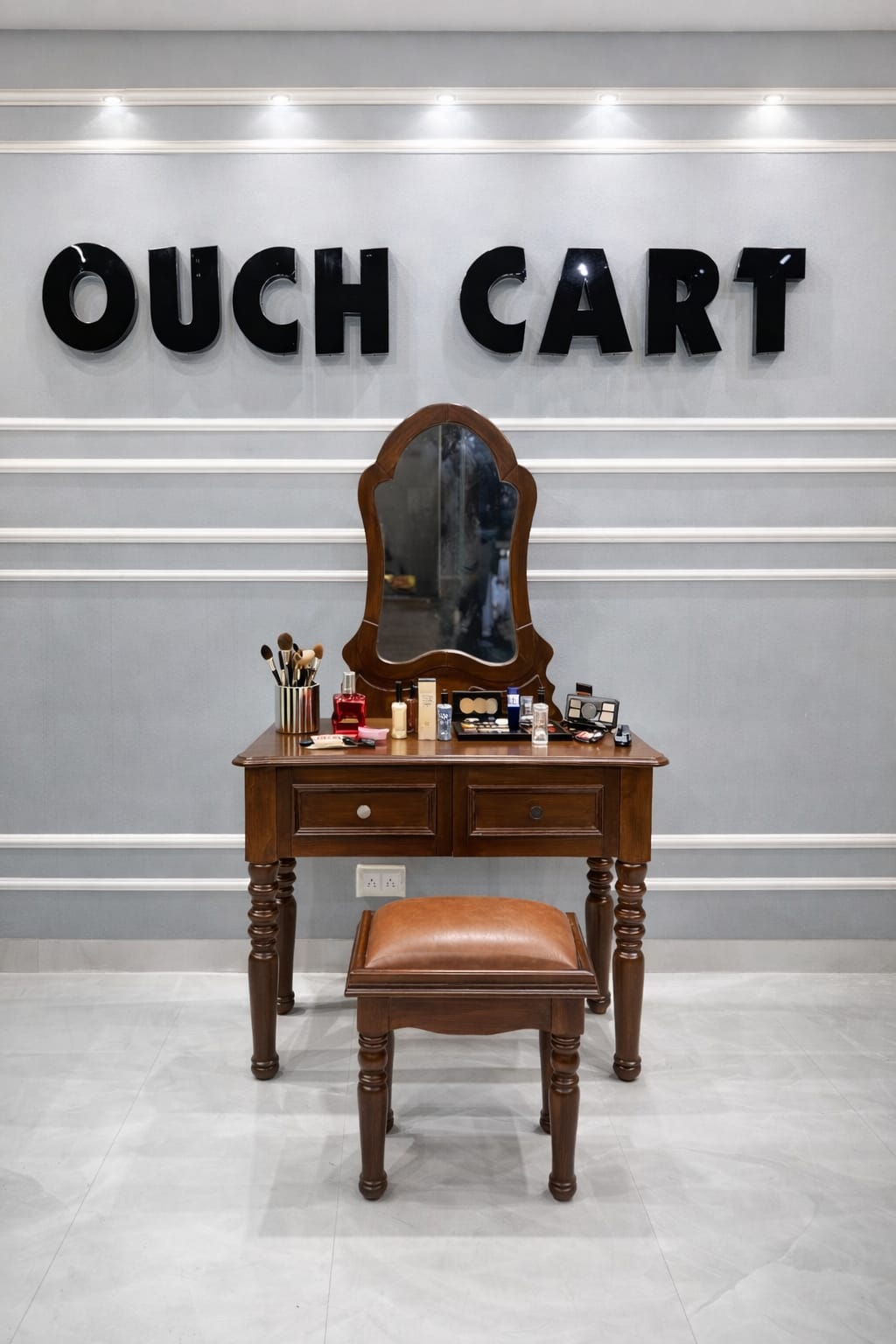 Vintage Mahogany Makeup Vanity Set with Petal Mirror & Stool OUCH CART