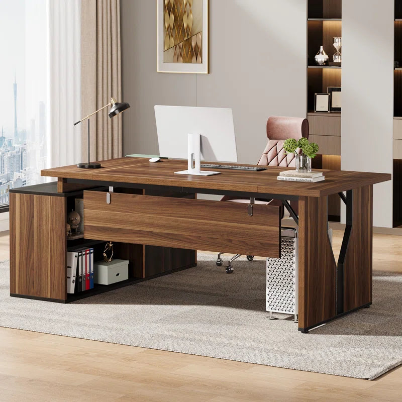 L-Shaped Executive Desk with Cabinet Locking Drawer Storage Shelves Business Furniture Set Ouch Cart