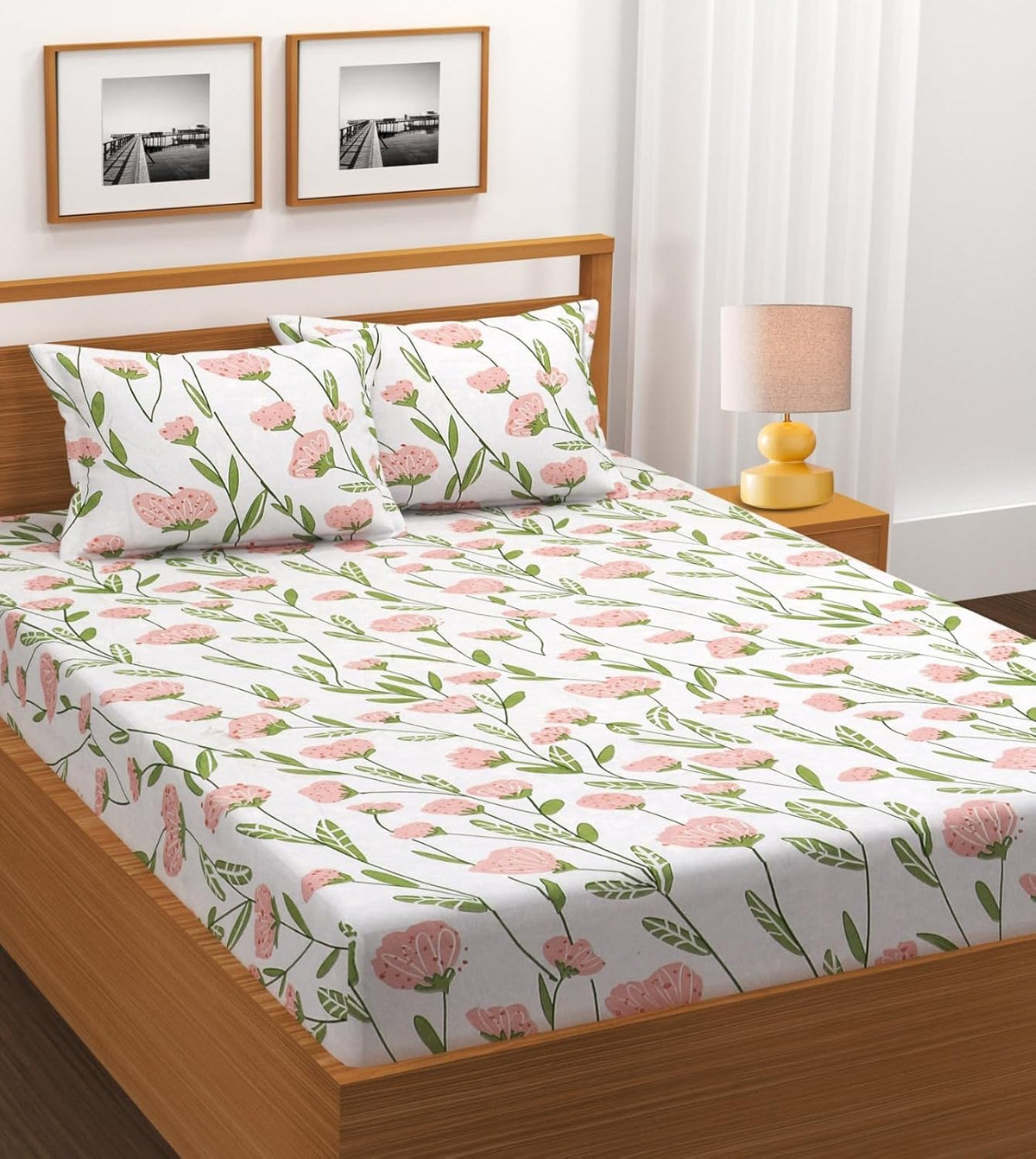 Cotton Double King Bedsheet Set with 2 Matching Pillow Covers | 200 Thread Count | Superfine Botanical Print | Soft & Breathable Flat Bedsheet OUCH CART