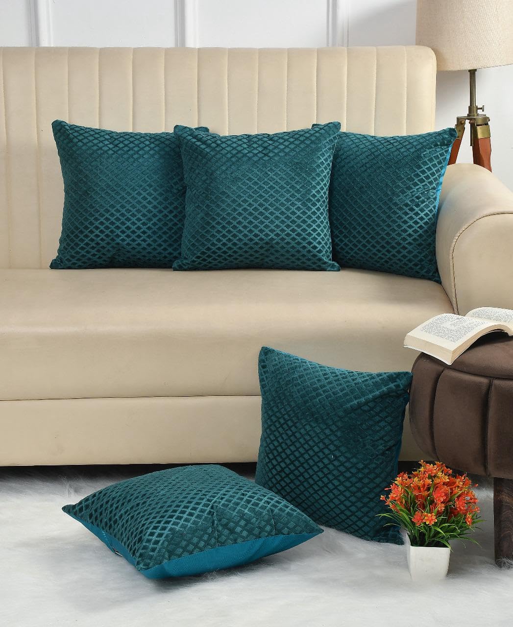 Brown Diamond Quilted Velvet Cushion Covers, 16 x 16 Inch, Set of 5 OUCH CART