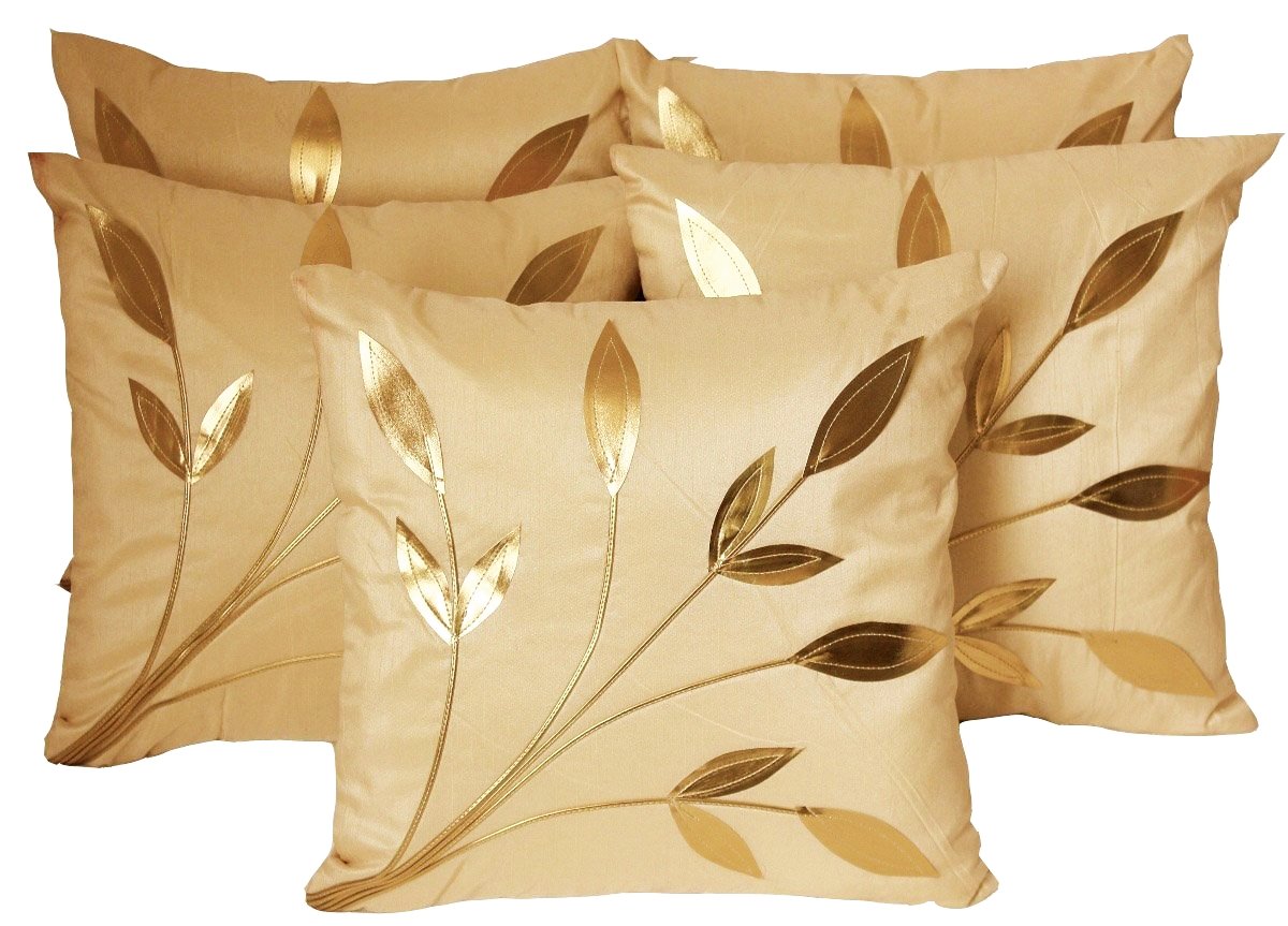 Silk Checked Cushion Covers 16 x 16 Inch, Beige, Set of 5