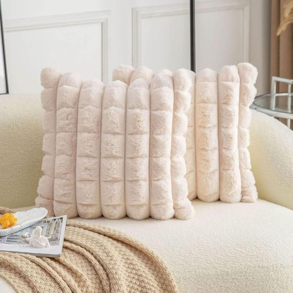 Cream Checkered Faux Fur Cushion Covers, 16 x 16 Inch, Set of 2 OUCH CART
