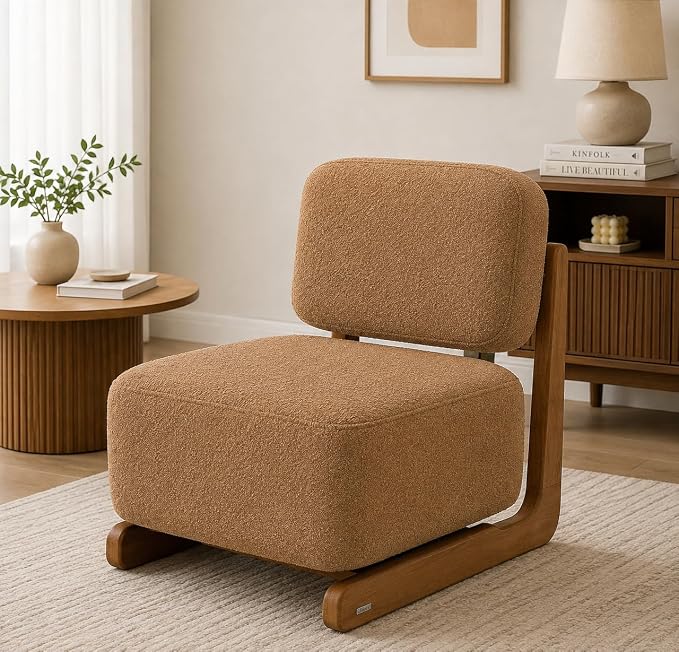 Ouch Cart Modern Cream Bouclé Lounge Chair with Wooden Frame | Cozy Accent Chair Ouch Cart