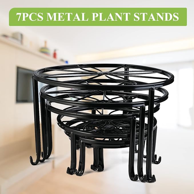 7-pack Metal Plant Stands, Plant Stand Outdoor Clearance, Anti-Rust Iron Flower Pot Stand Outdoor Indoor, Heavy Duty Black Plant Stand Indoor, Rustproof Metal Planter Container Round Ouch Cart