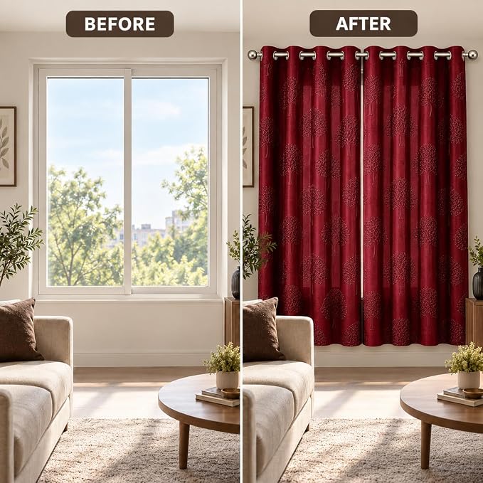 Embossed Tree Punch Polyester Curtains for Window and Door, Botanical Pattern Home Decor Curtain Panel for Living Room, Bedroom and Office, 5 Feet, 7 Feet and 9 Feet Sizes, Pack of 1