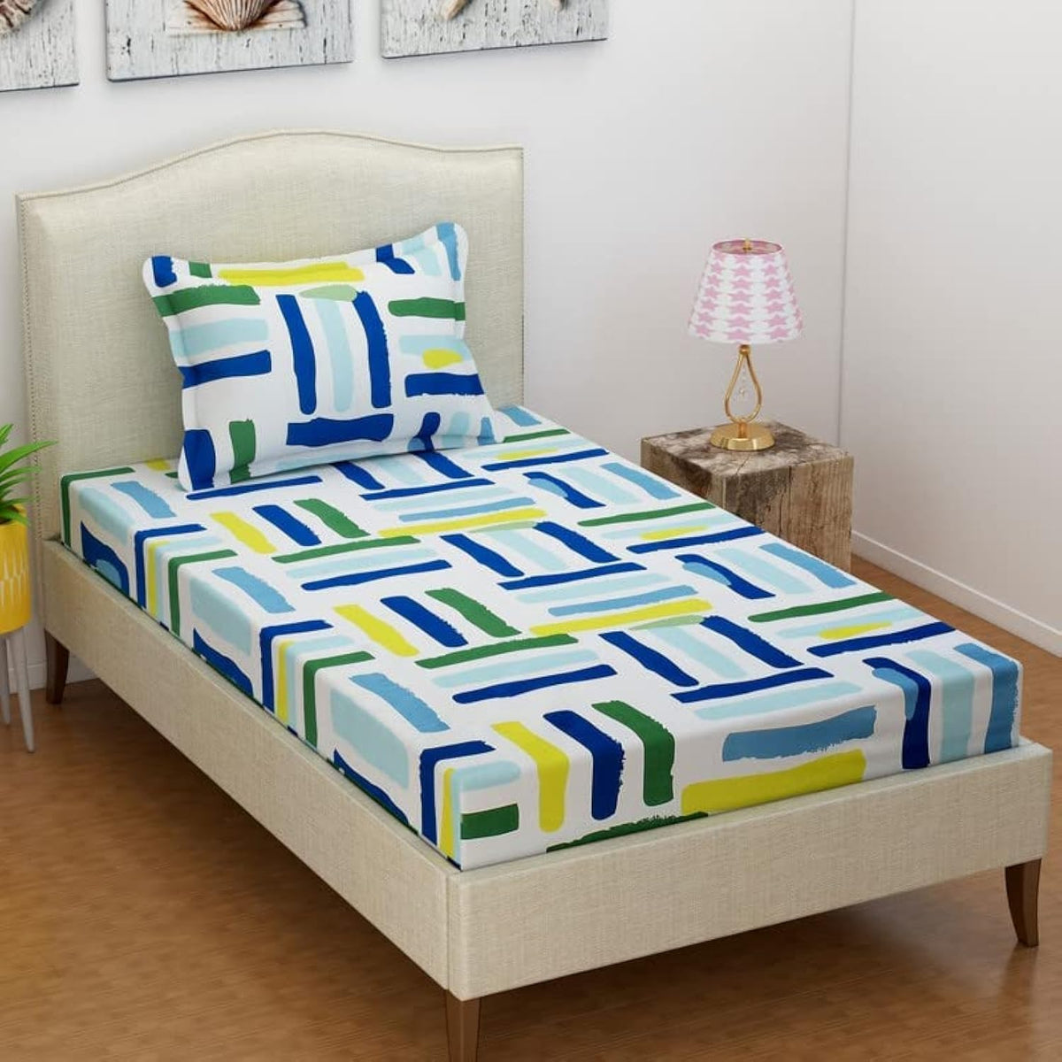 Single Glace Cotton Elastic Fitted Bedsheet with 1 King Size Pillow Cover | 210 TC | Superfine Geometric Print | Super Soft Breathable & Easy Care Summer Bedsheet OUCH CART