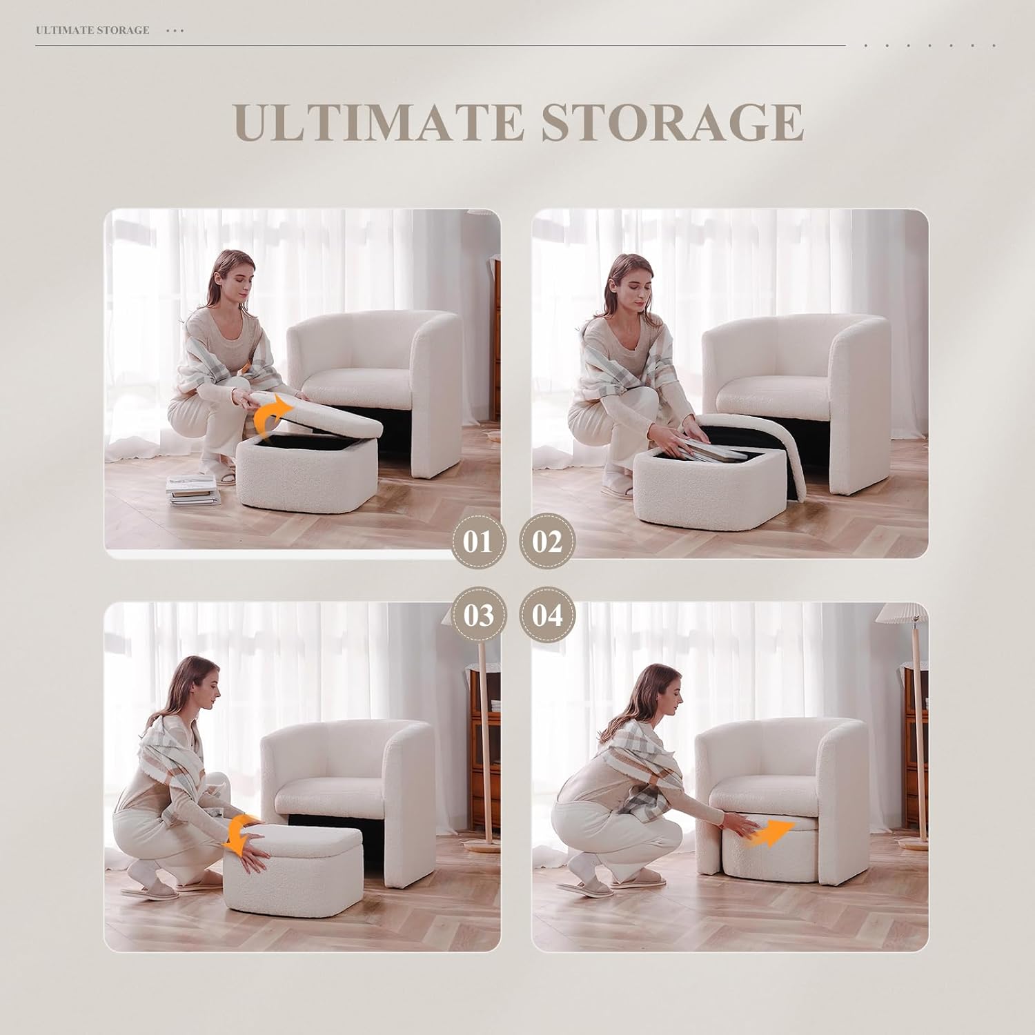 Modern Upholstered Barrel Accent Chair with Storage Ottoman Set of 2