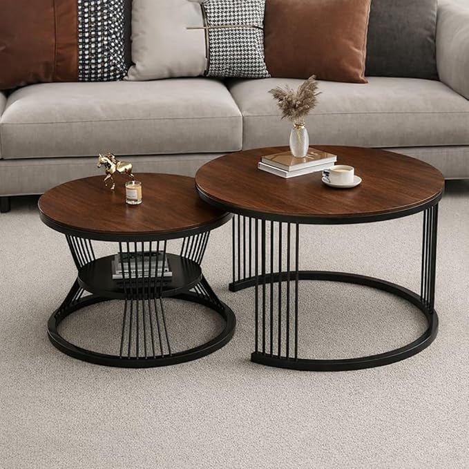 Iron Frame Faux Marbled Laminated Round Coffee Table Set of 2 Stacking Center Tables for Living Room Bedroom or Apartments Ouch Cart