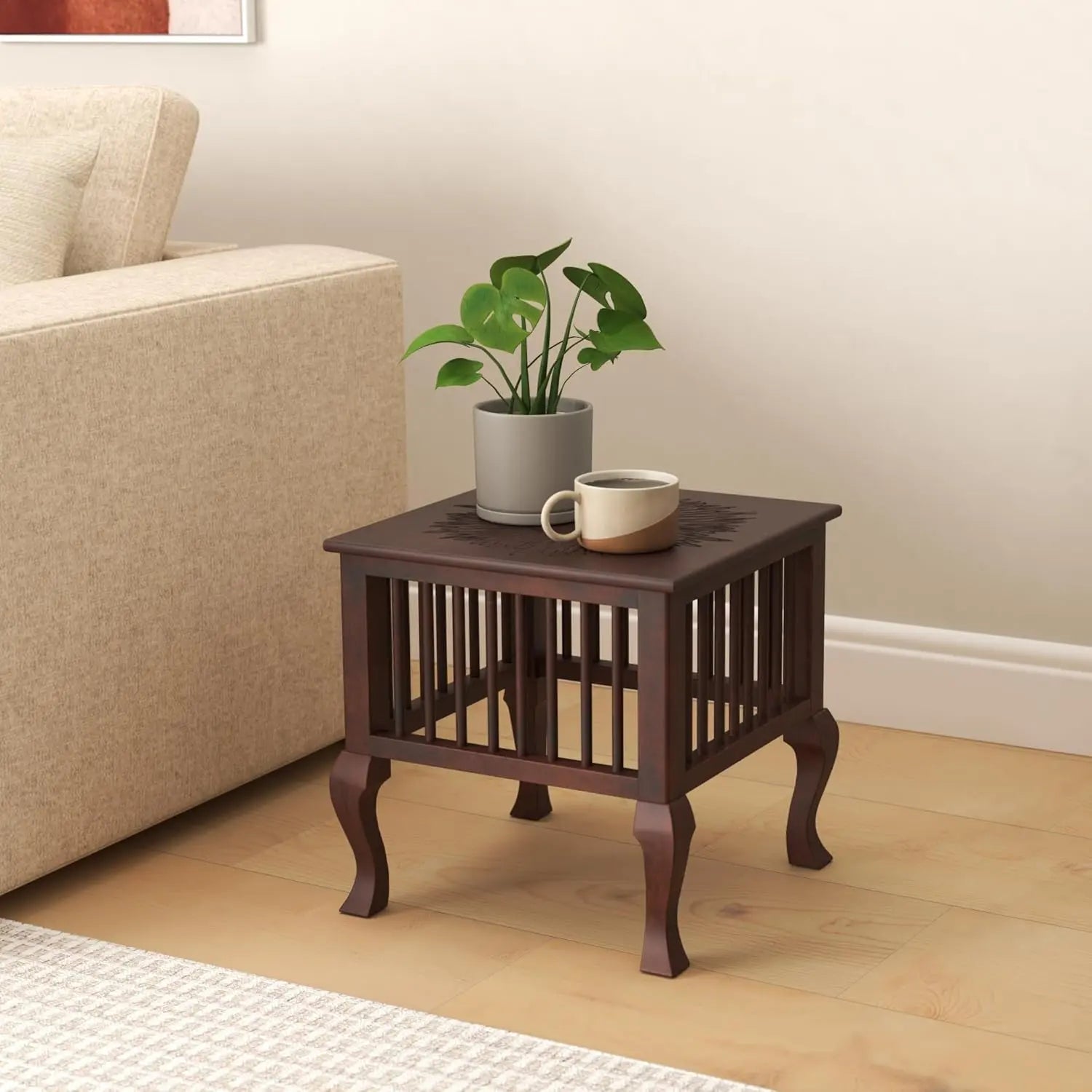 Mango Wood Walnut Finish Handmade Carving Classic Side Table for Living Room Ouch Cart