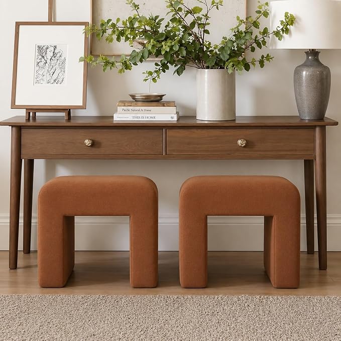 Modern Boucle Vanity Stool Chair with Solid Wooden Legs | Soft Upholstered Ottoman Footstool for Makeup Vanity, Bedroom, Living Room, Entryway & Office (Taupe) OUCH CART
