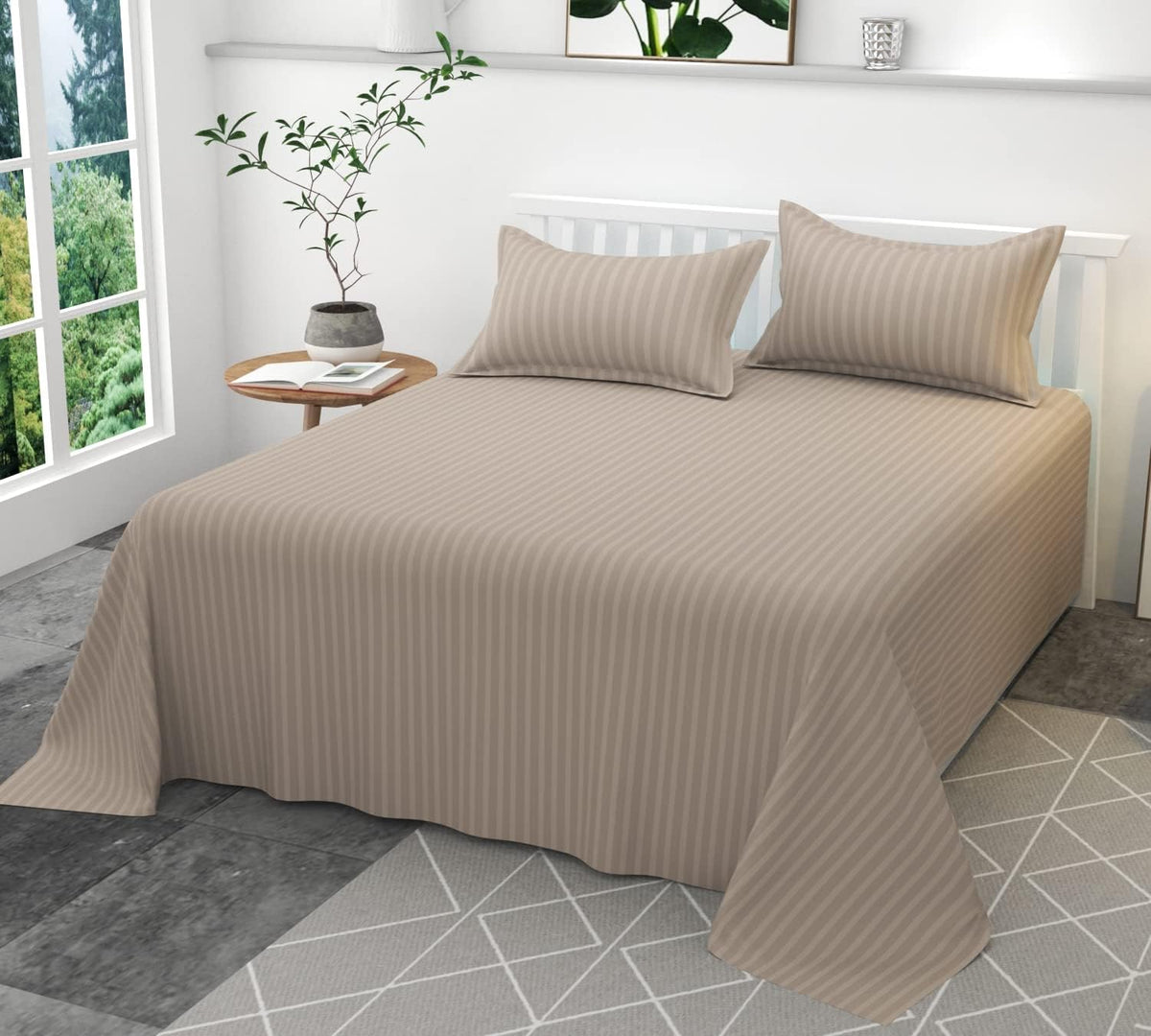 Glace Cotton Striped Double Bedsheet with 2 Pillow Covers | 90 × 100 Inch Flat Sheet for Home, Hotel & Guest Room