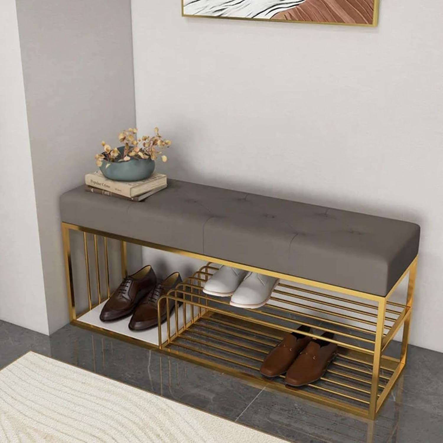 Velvet Upholstered Entryway Shoe Rack Bench with Storage Ouch Cart