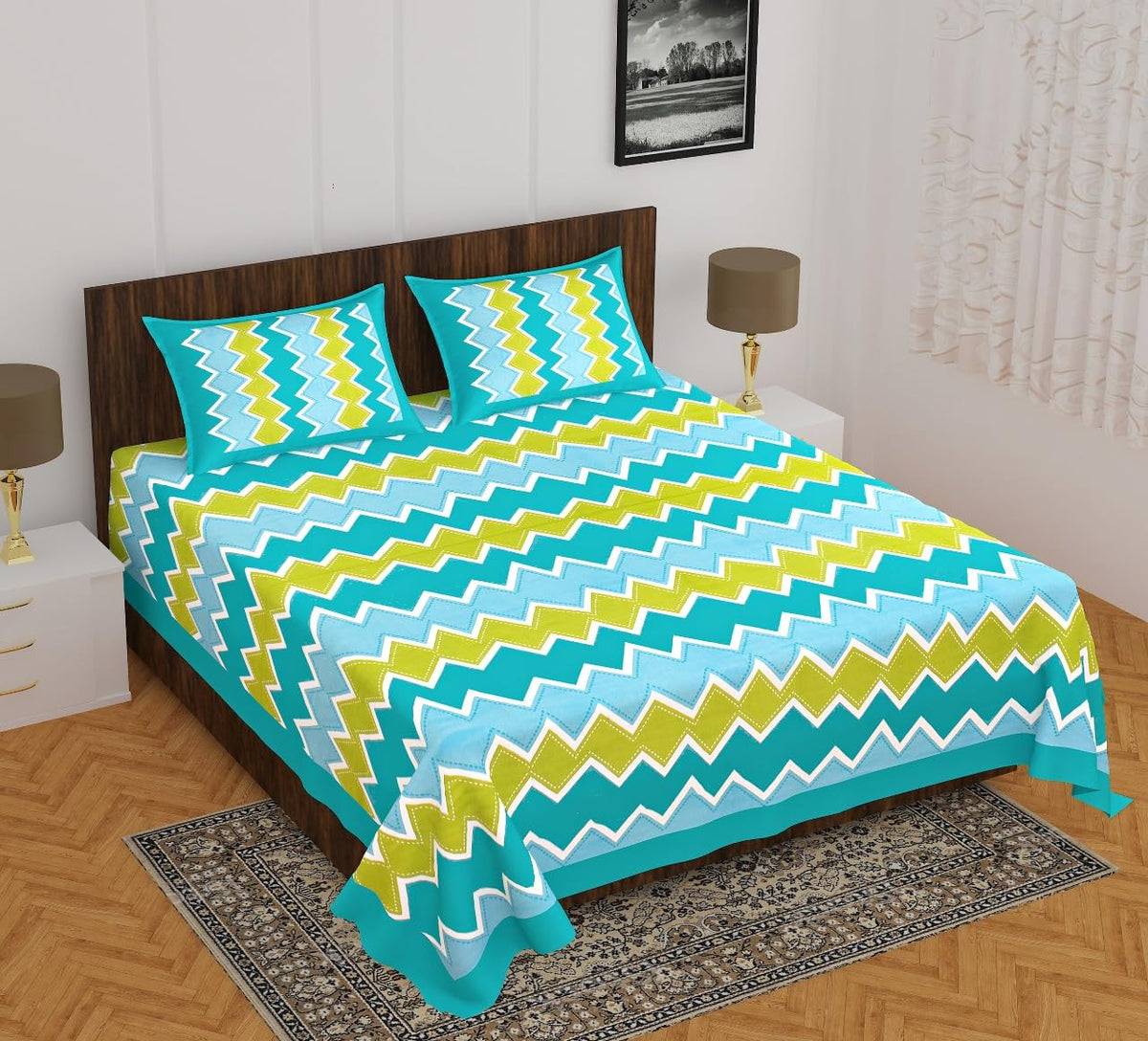 Pure Cotton Double King Bedsheet with 2 Matching Pillow Covers | 90 x 100 Inches | 160 Thread Count | Rajasthani Jaipuri Geometric Print | Summer Bedsheet