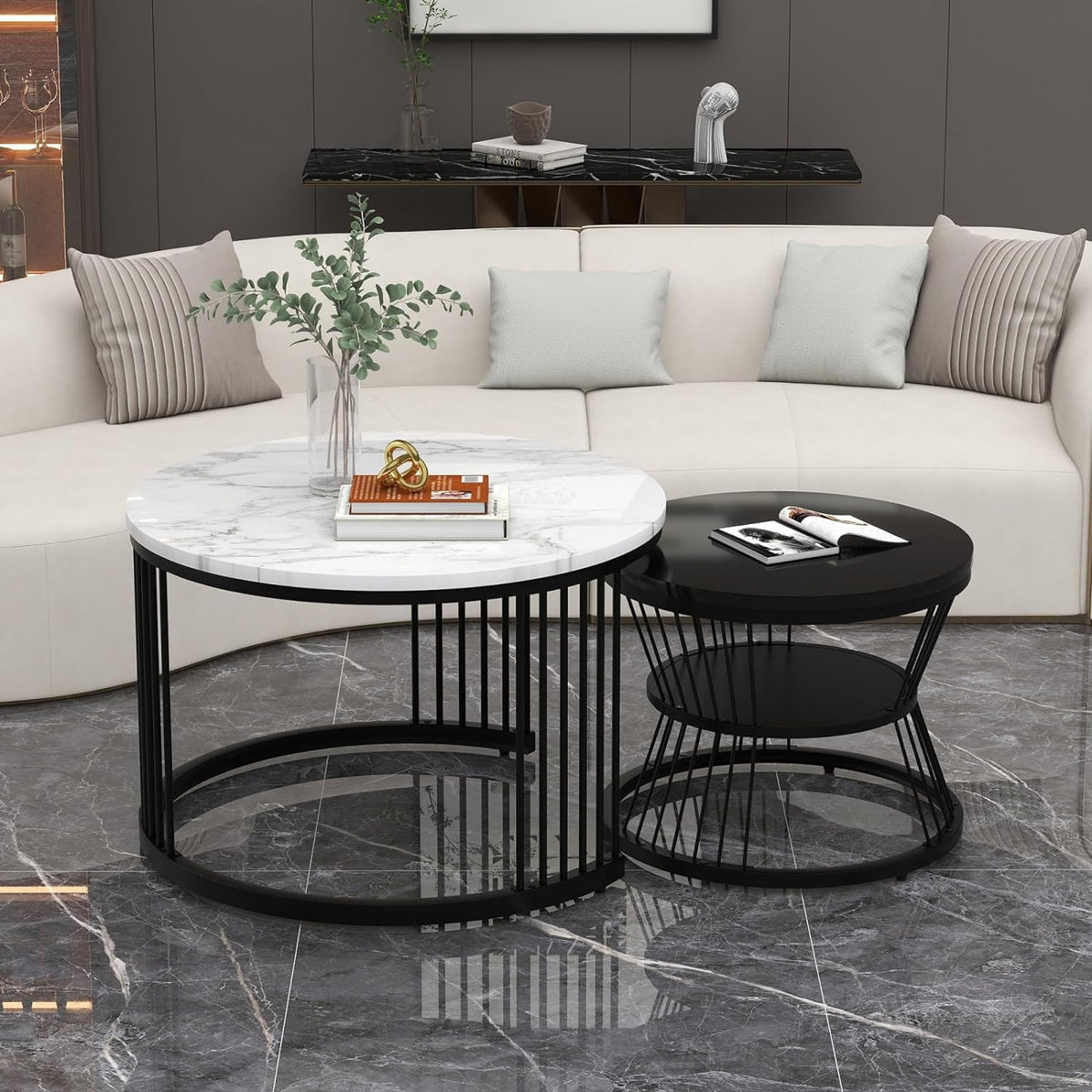 Round Modern Nesting Coffee Table Set of 2 with Marble Veneer Tops OUCH CART