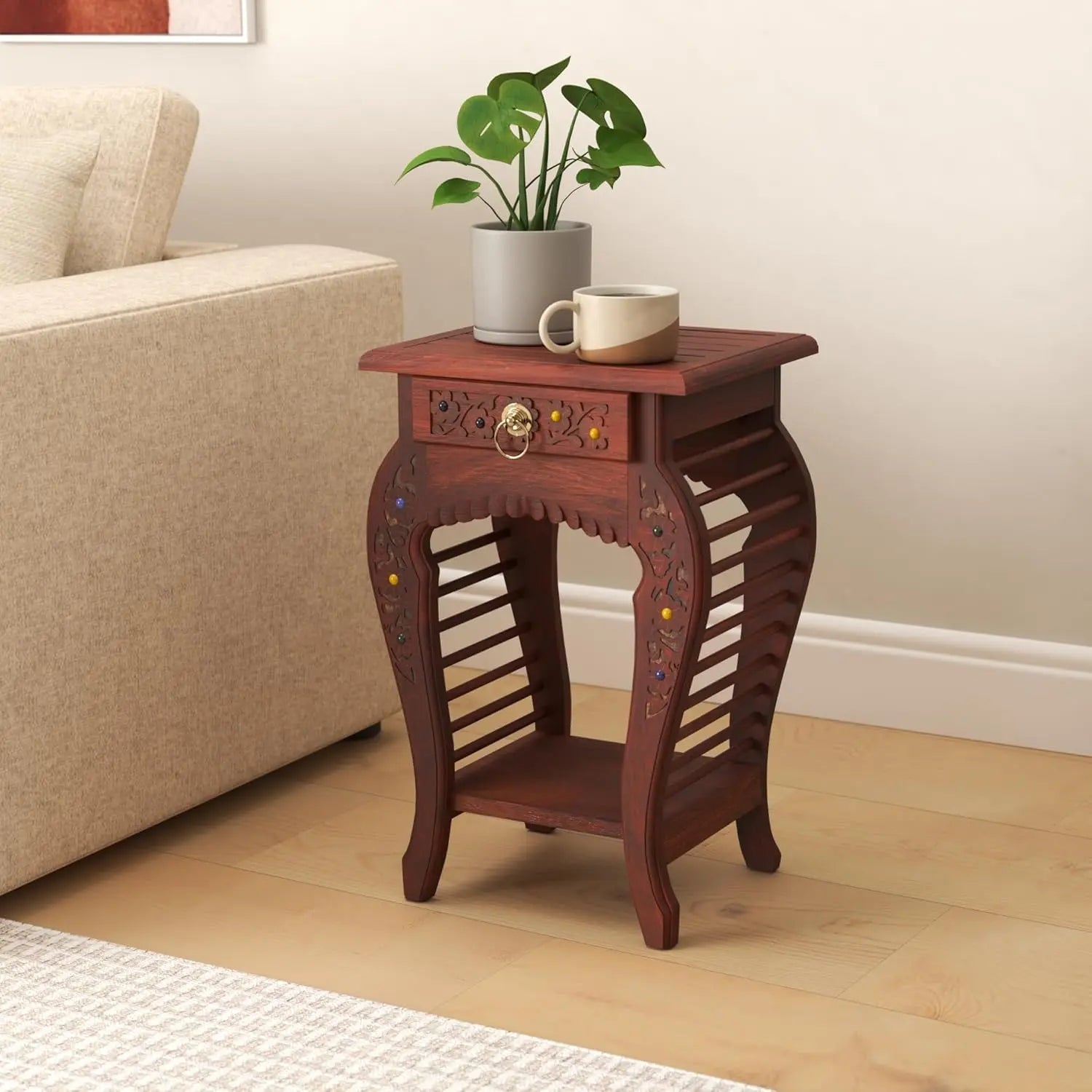 Wooden Hand Carved Side Table Ouch Cart