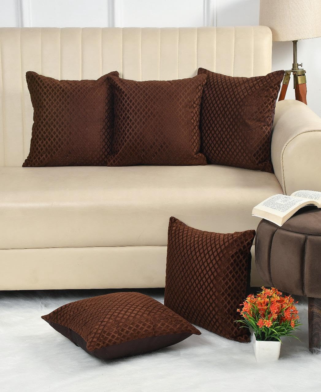 Brown Diamond Quilted Velvet Cushion Covers, 16 x 16 Inch, Set of 5 OUCH CART