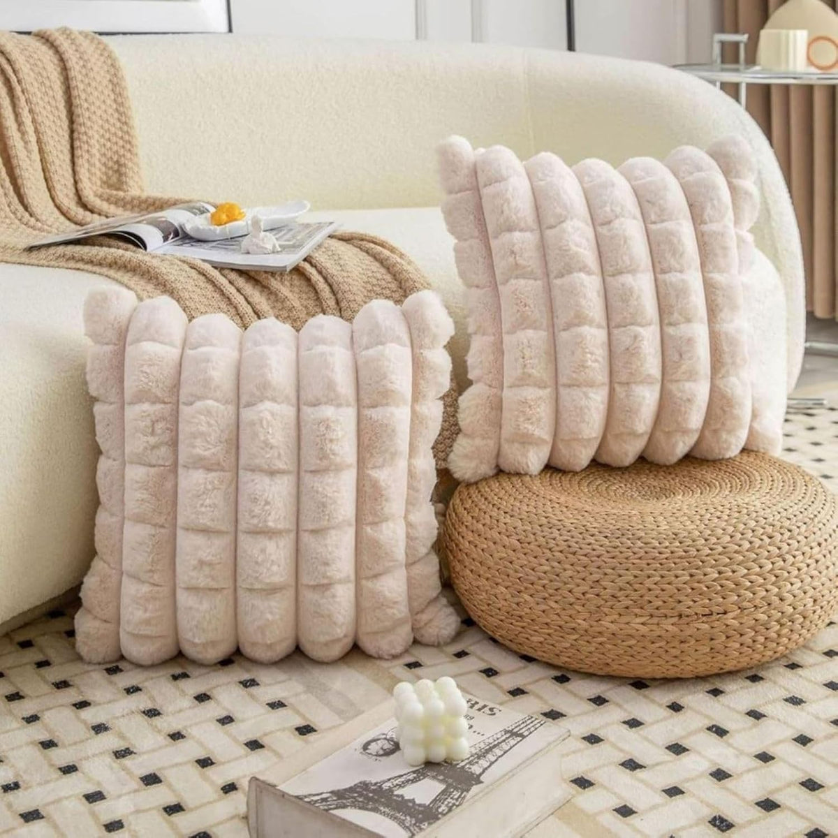 Cream Checkered Faux Fur Cushion Covers, 16 x 16 Inch, Set of 2