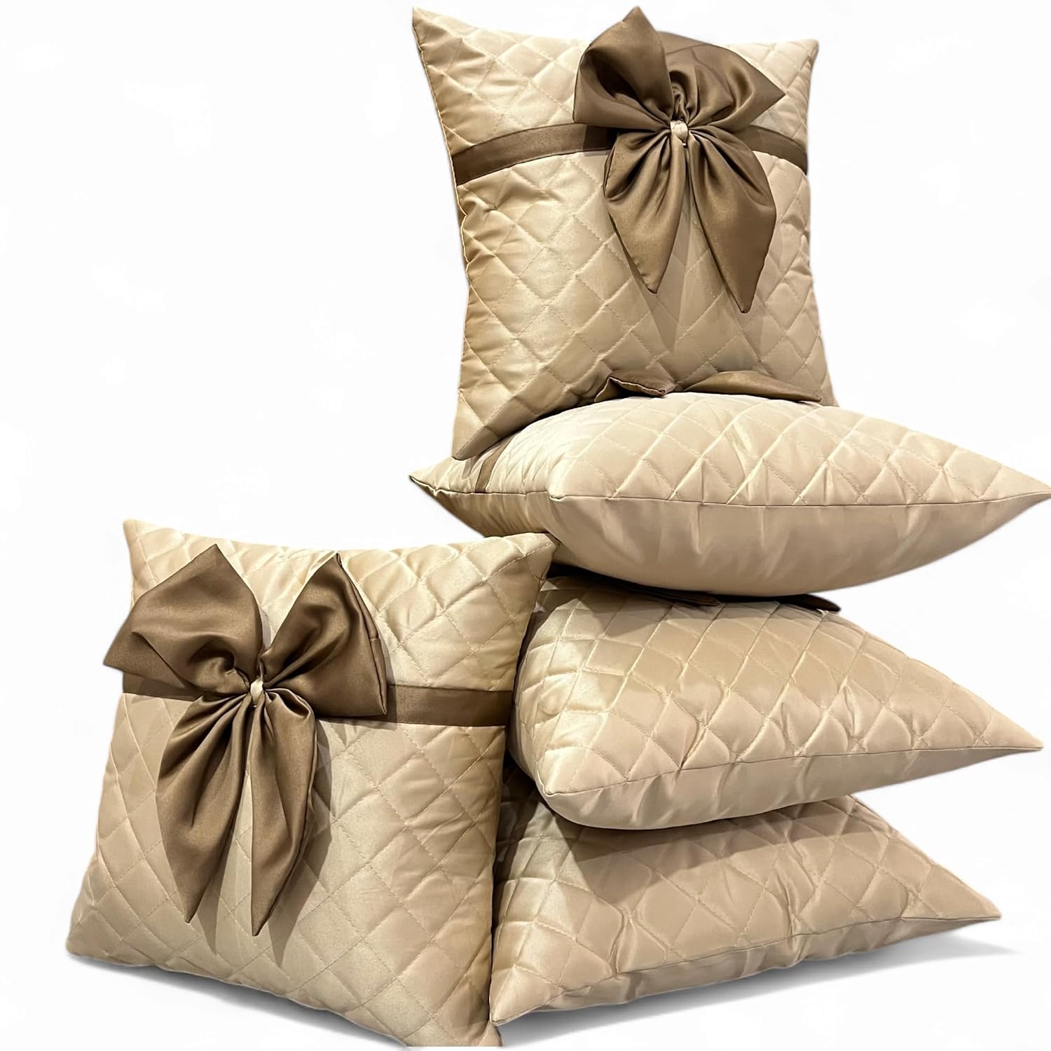 Satin Bow Cushion Covers with Quilted Diamond Pattern, 16 x 16 Inch, Set of 5