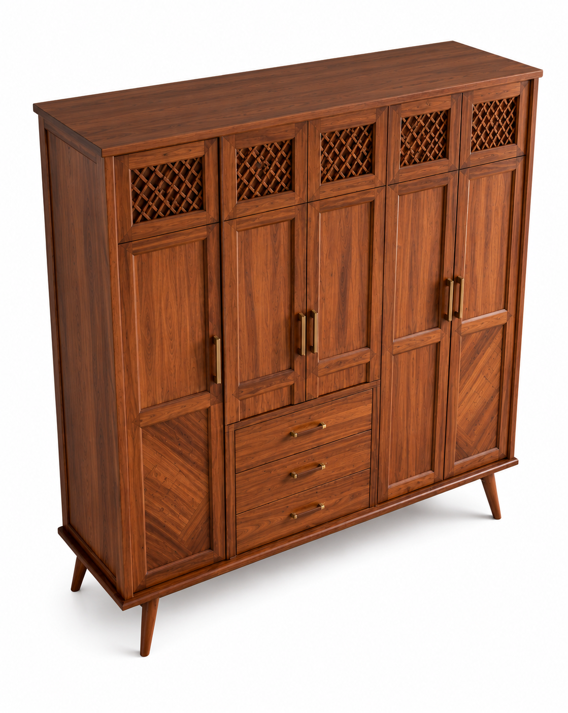 Premium 5 Door Wooden Wardrobe with 3 Drawers | Modern Bedroom Almirah in Walnut Finish | Large Clothes Storage Cabinet OUCH CART