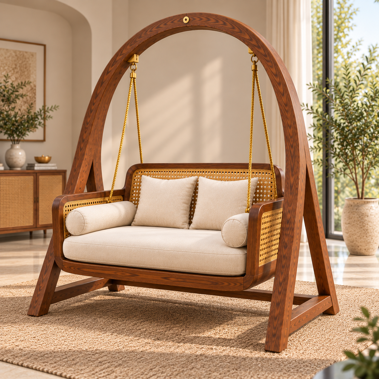 Solid Wood Wooden Swing Chair with Cane Backrest & Cream Cushions