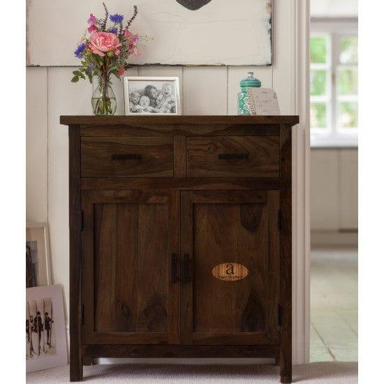 Lowboy storage cabinet with two drawer in walnut finish - Ouch Cart
