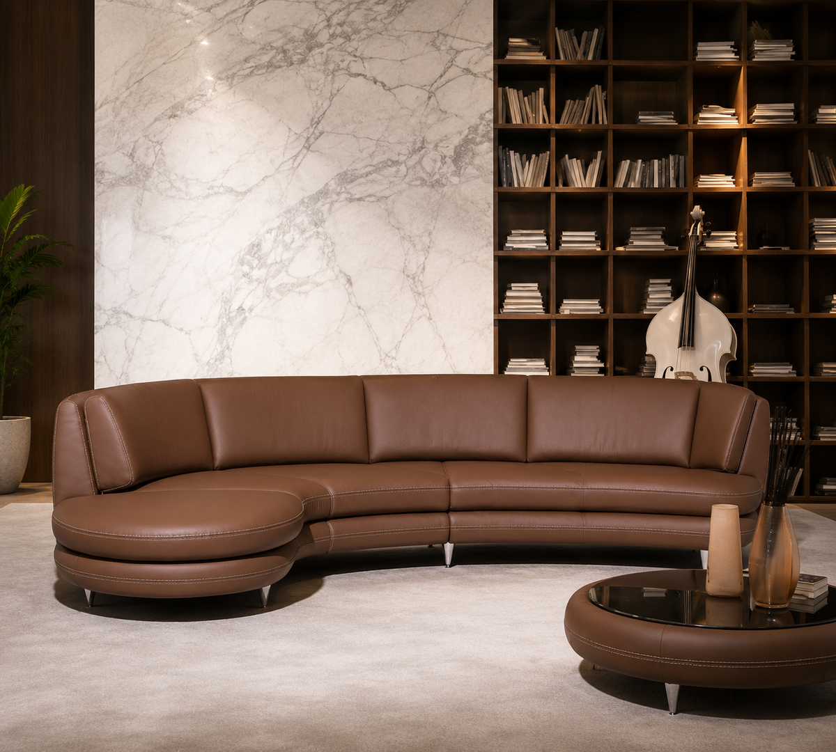 Modern Curved Leather Sectional Sofa Set for Living Room | Premium Brown Designer Corner Couch | Luxury Contemporary Lounge Sofa OUCH CART