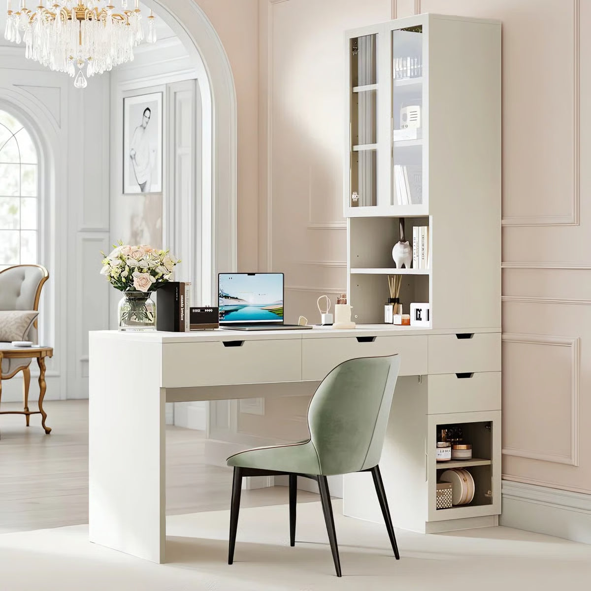 76.8" White Vanity Desk with Lift Mirror, Glass Door Cabinets, Drawers & Charging Station