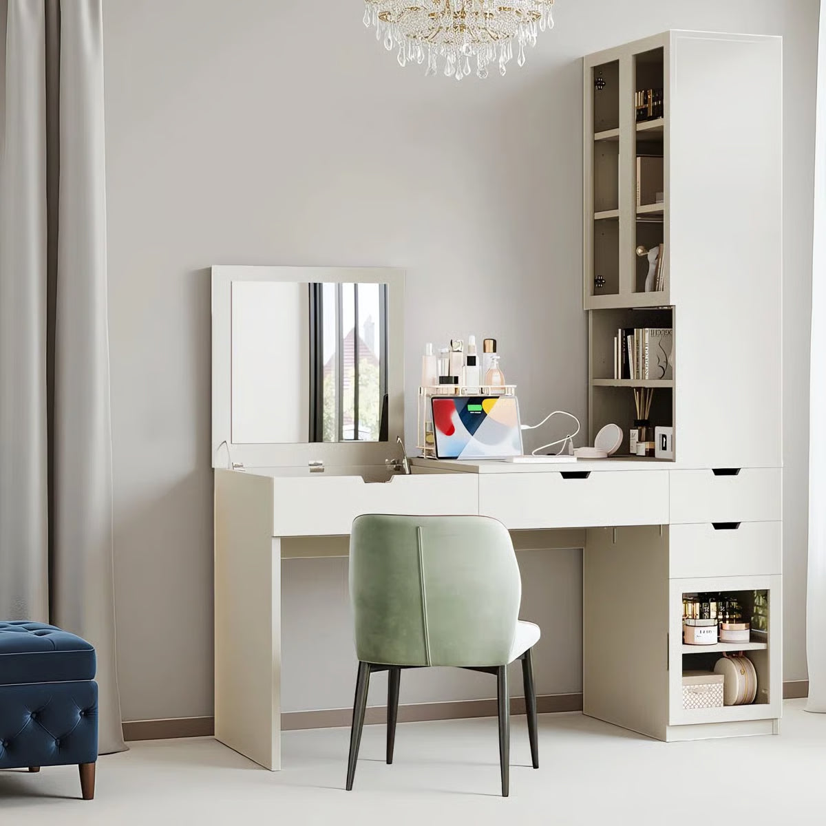 76.8" White Vanity Desk with Lift Mirror, Glass Door Cabinets, Drawers & Charging Station