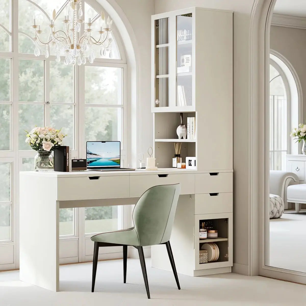 76.8" White Vanity Desk with Lift Mirror, Glass Door Cabinets, Drawers & Charging Station