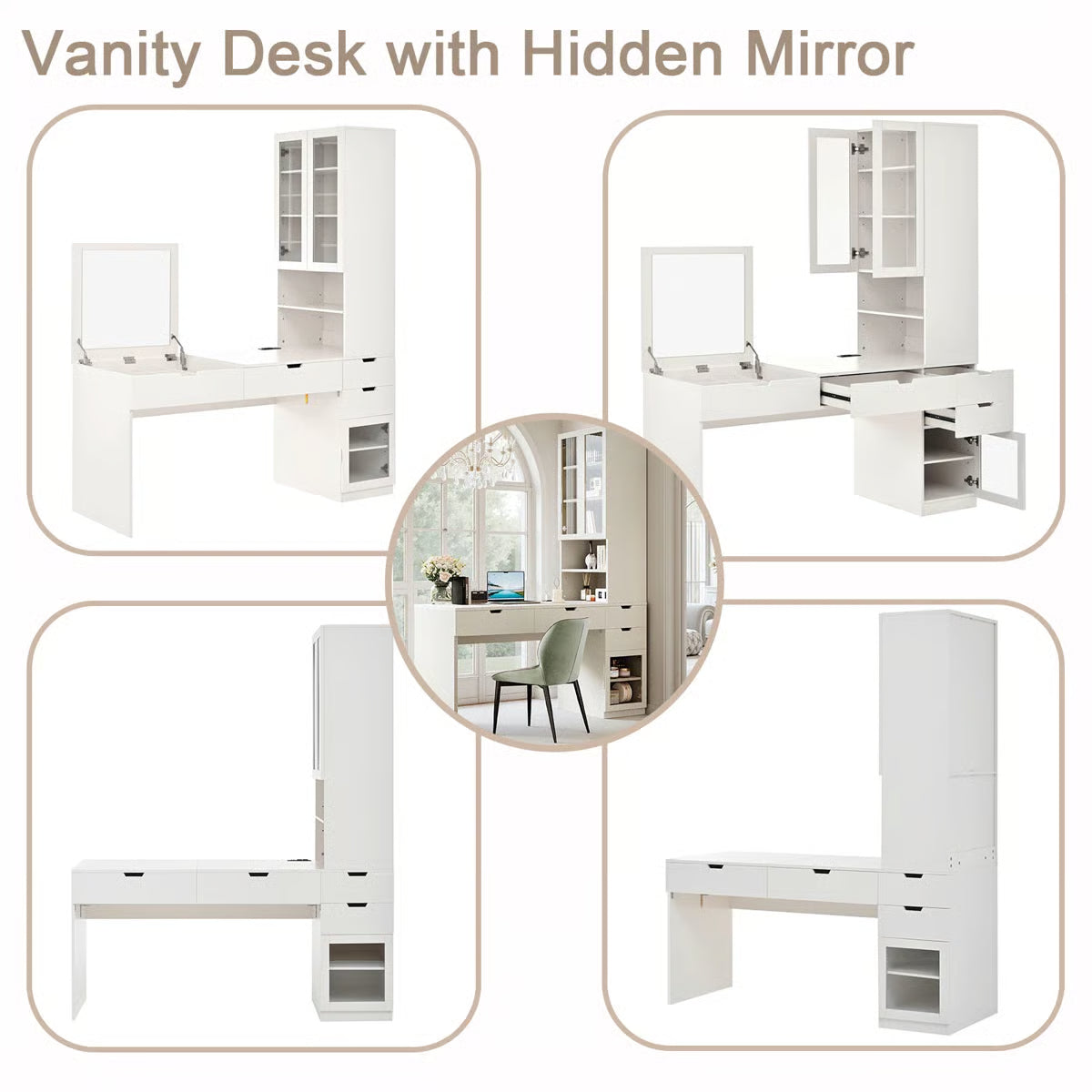 76.8" H Versatile White Vanity Desk -OUCH CART |Dressing table