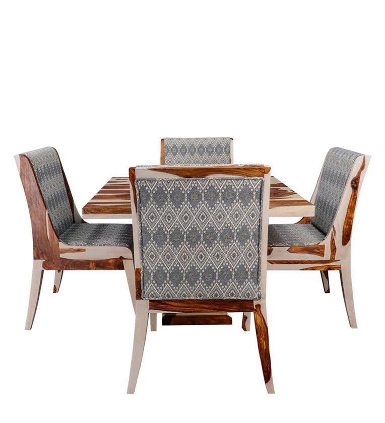 Sheesham Wood 4 Seater Dining Set in Vintage White & Teak Finish - Ouch Cart
