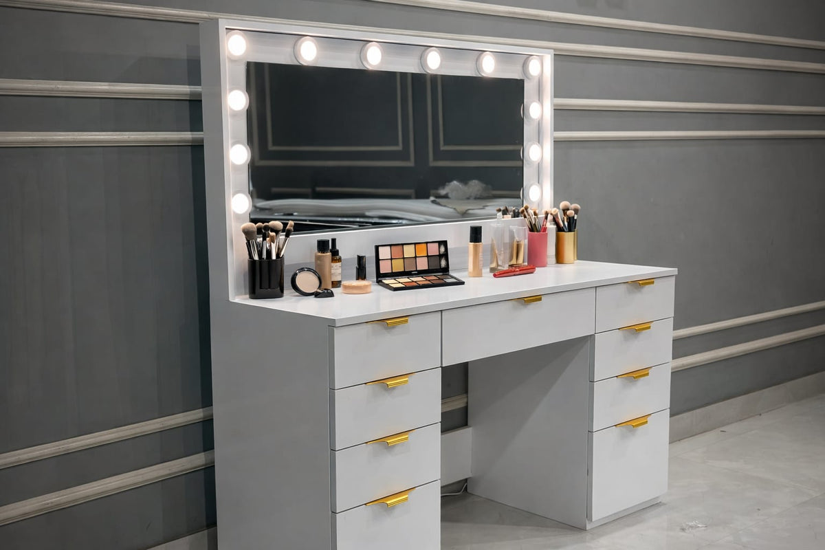 Vanity Table with Lighted Mirror, 9 Drawers, Built-In Power Outlet, and Spacious Storage OUCH CART