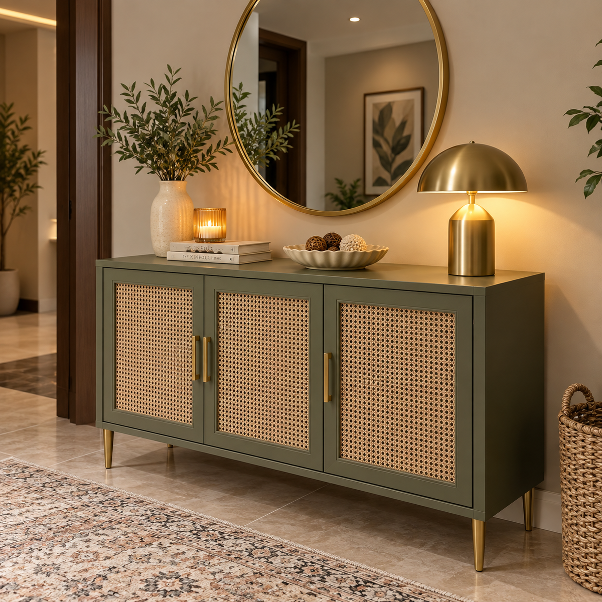Modern Cane Sideboard Cabinet | Olive Green Storage Console with Rattan Doors & Brass Legs