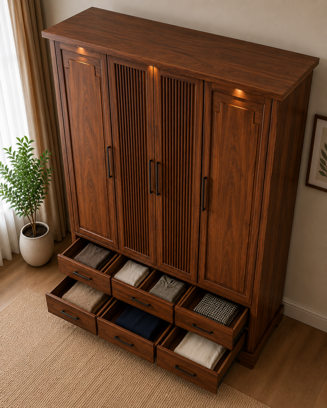Modern 4 Door Wooden Wardrobe with 6 Storage Drawers