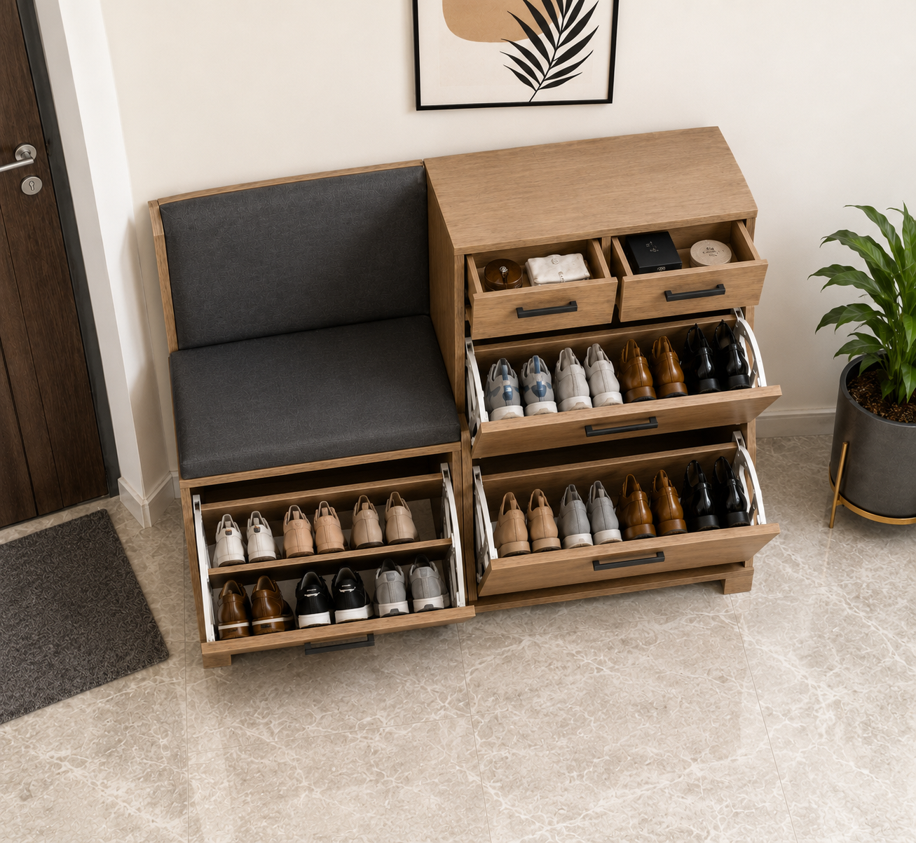 Modern Wooden Shoe Storage Cabinet with Cushioned Bench Seat | Entryway Shoe Organizer with Soft-Close Drawers & Matte Black Handles Ouch Cart