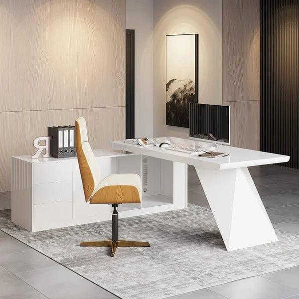 Ren White L-Shape Executive Desk Drawers & Cabinet Large Office Desk Left Hand - Ouch Cart