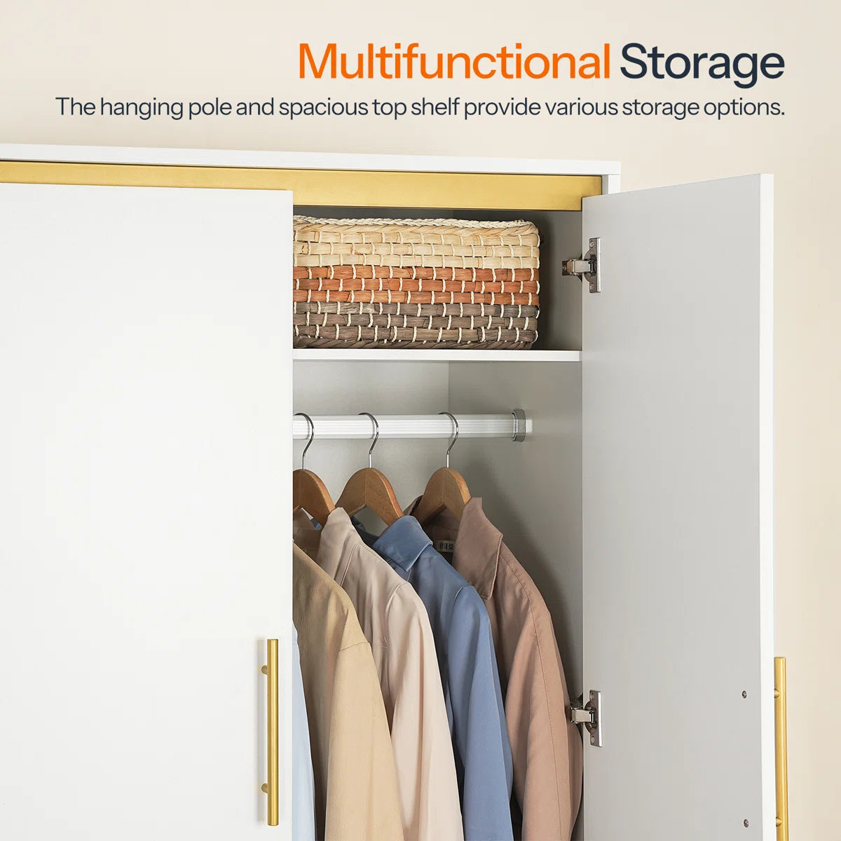 2-Door 66.9" H Armoire Wardrobe – Closet with Hanging Rod & 2 Drawers OUCH CART
