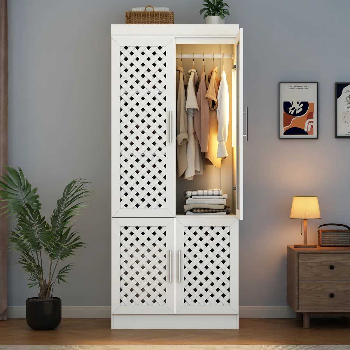 Spacious 75.6'' H Armoire – 3 Woven Doors Wardrobe with Mirror & Sensor Light