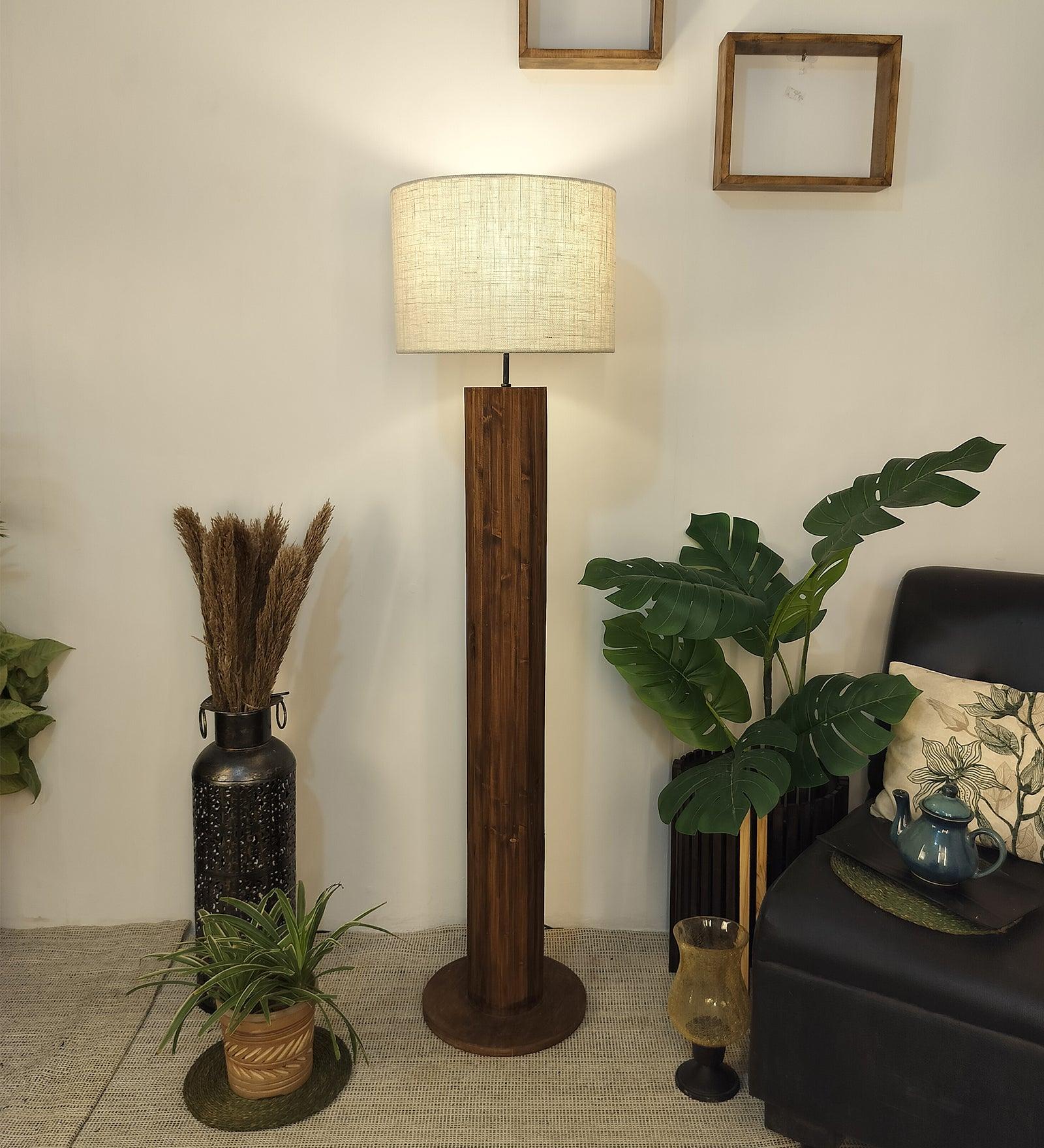 Cedar Wooden Floor Lamp with Premium Beige Fabric Lampshade (BULB NOT INCLUDED) - Ouch Cart