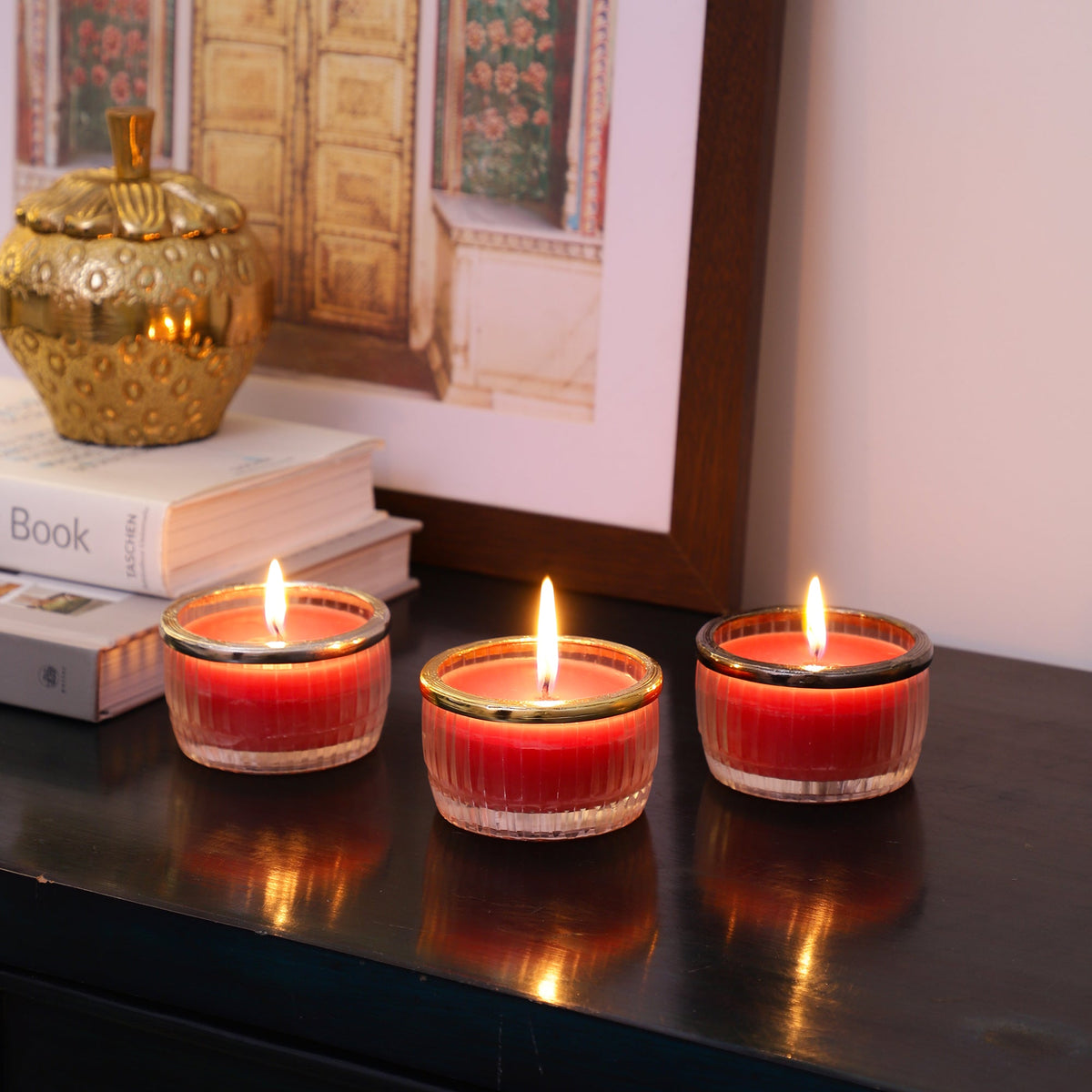 cherry blossom red scented candle glass jar with Golden ring M.M.I. OVERSEAS