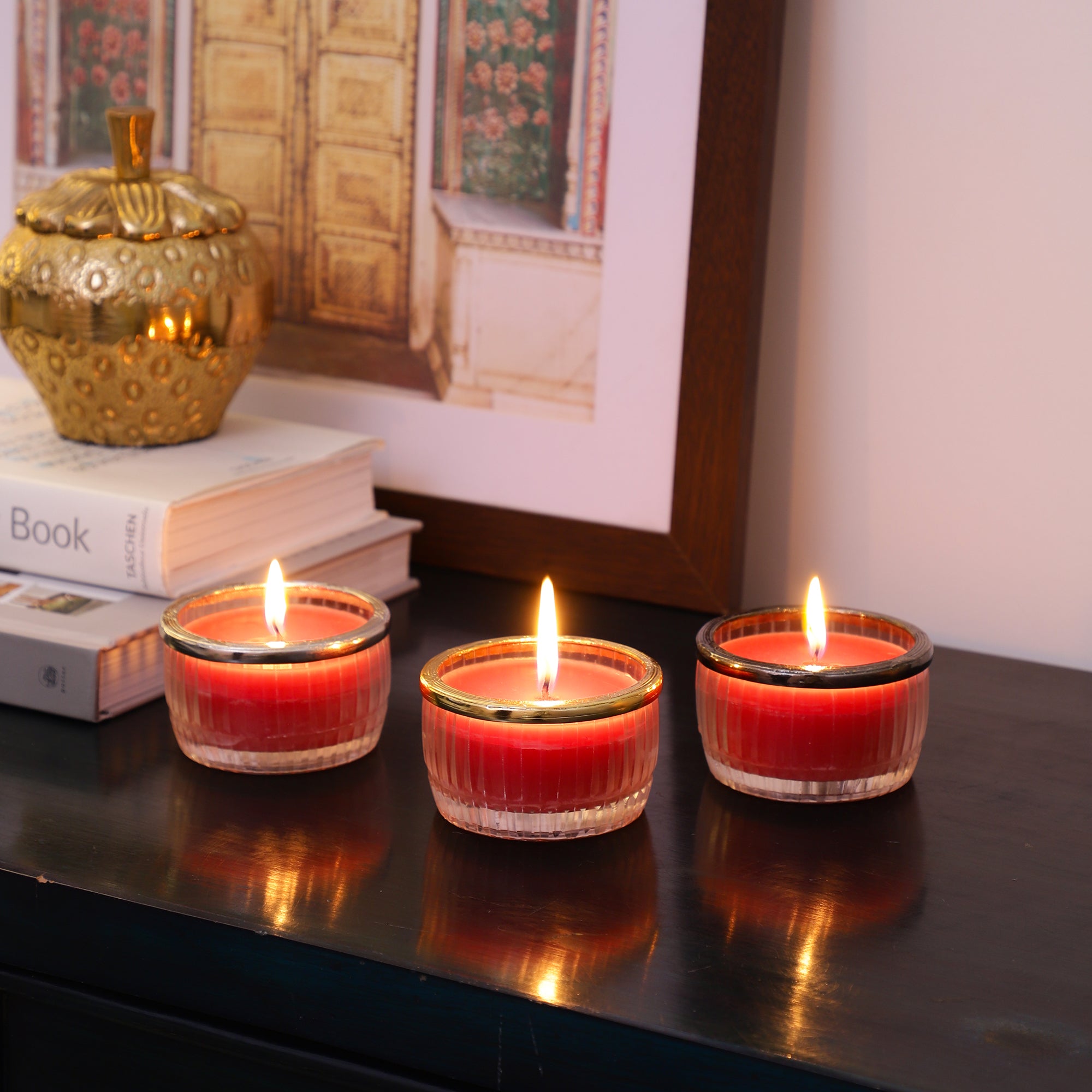 cherry blossom red scented candle glass jar with Golden ring