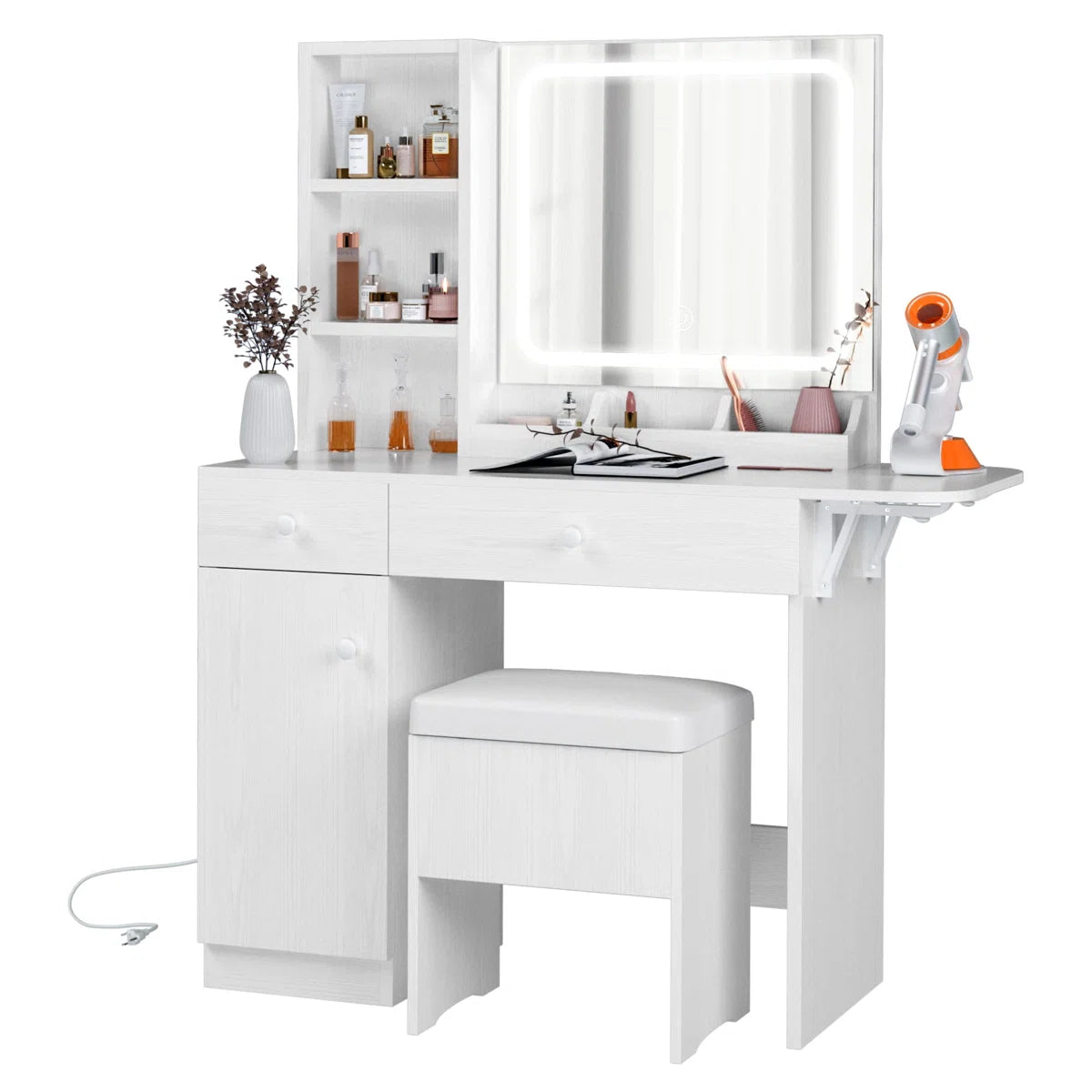 Vanity Desk with LED Lighted Mirror, Power Outlet, 2 Drawers, 3 Cubbies & Bookcase Storage for Bedroom OUCH CART